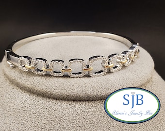 Diamond Bracelets, Two Tone Diamond Bracelets, 14k Yellow & White Gold Diamond Halo Bracelet, Stackable Bracelets, Hinged Bracelets, #B316