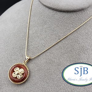 Jade Pendants, Vintage Jade Circle Pendant, Vintage 18k Yellow Gold Red Jade & Diamond Pendant with Rope Trim, Vintage Jade Jewelry, #C3272