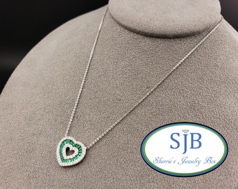 Emerald Necklaces, 14k White Gold Baguette Emerald and Diamond Halo Necklace, Heart Halo Pendant with 18" Chain, May Birthstones, #P1609