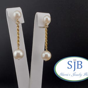 Pearl Earrings, Vintage 14k Pearl Drop Earrings, Vintage 14k Yellow Gold Double Pearl Drop Earrings, Bridal Jewelry, June Birthstone, #C4108