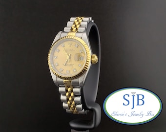 Relógio Rolex Oyster Perpetual Datejust feminino vintage bicolor em ouro amarelo 18k e aço inoxidável com diamantes e mostrador champanhe, 6,25", #C5888