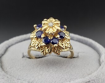 ゴールド サファイア パール ダイヤモンド ヴィンテージ リング サファイア＆ダイヤモンドリング、ヴィンテージ 14K イエローゴールド