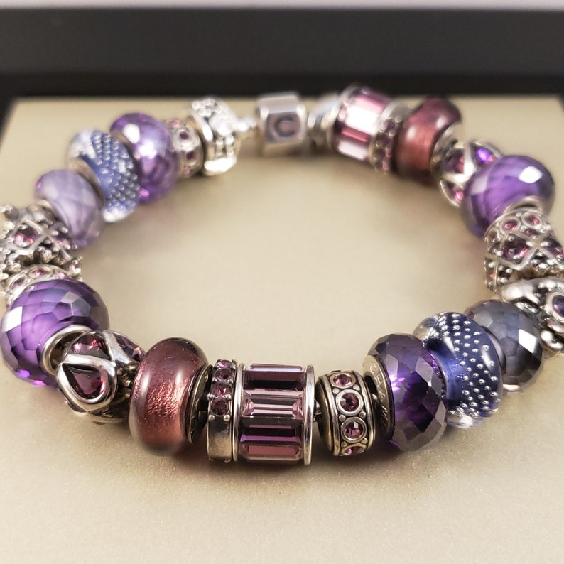 Pu&ograve; includere: Un braccialetto con ciondoli viola e argento con varie perline, tra cui una perlina di cristallo viola, una perlina d'argento con un piccolo cristallo viola e una perlina d'argento con un piccolo fiore viola.