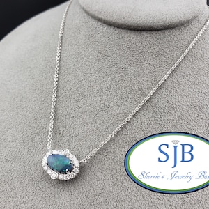 Opal and Diamond Halo Necklace, 14k White Gold Oval Black Opal & Diamond Halo Pendant with 16-18&quot; Cable Chain, October Birthstones, #P1597