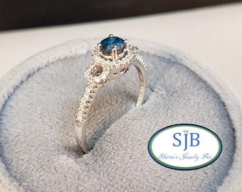 Engagement Rings, Blue & White Diamond Halo Engagement Ring, 14k White Gold Blue Diamond Stacking Ring, April Birthstones, Size 6.75, #R611