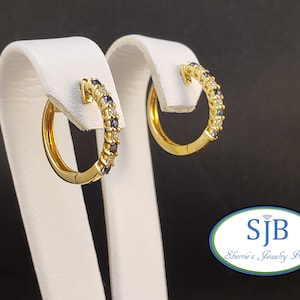 Sapphire Earrings, 14k Sapphire & Diamond Hoops, 14k Yellow Gold Blue Sapphire and Diamond Hoop Earrings, September Birthstones, #E963