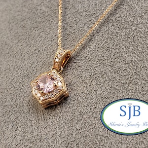 Pink Topaz Pendant, 14k Rose Gold Pink Topaz & Diamond Pendant, Vintage Design 14k Rose Gold Pink Topaz and Diamond Halo Pendant, #P1248