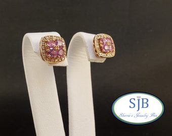 Pink Sapphire Earrings, 14k Rose Gold Gold Pink Sapphire & Diamond Halo Earrings, Pink Sapphire Stud Earrings, September Birthstones, #E959