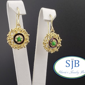 Gold Drop Earrings, Vintage 14k Yellow Gold Drop Earrings, Vintage 14k Yellow Gold Filigree Dangle Earrings with Red & Green Enamel, #C3710