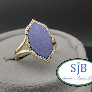 Lapis Rings, 14k Blue Lapis Lazuli Ring, 14k Yellow Gold Marquise Lapis Lazuli & Diamond Halo Ring, Unique Statement Rings, Size 6.5, #R1330