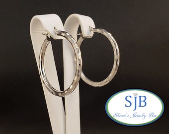 Hoop Earrings, 14k Hoop Earrings, 14k White Gold Diamond Cut Textured Hoop Earrings, 14k White Gold Hoops, Hoop Style Earrings, #E1387