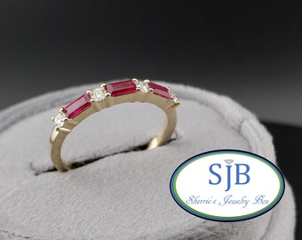 Ruby and Diamond Rings, 14k Yellow Gold Baguette Ruby & Diamond Ring, Stackable Anniversary Rings, July Birthstone Rings, Size 6.5, #R1241