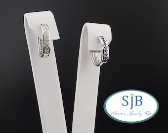 Diamond Hoops, Reversible Hoops, 10k White Gold Hinged Diamond & Blue Sapphire Diamond Hoop Earrings, Sapphire and Diamond Huggies, #E1835