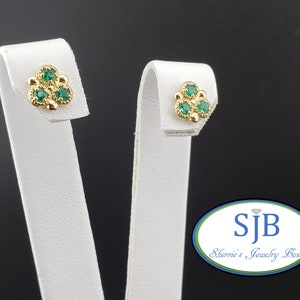 Emerald Earrings, 14k Lab Emerald Studs, 14k Yellow Gold Lab Emerald Stud Earrings, Three Stone Studs, May Birthstone Earrings, #E1672