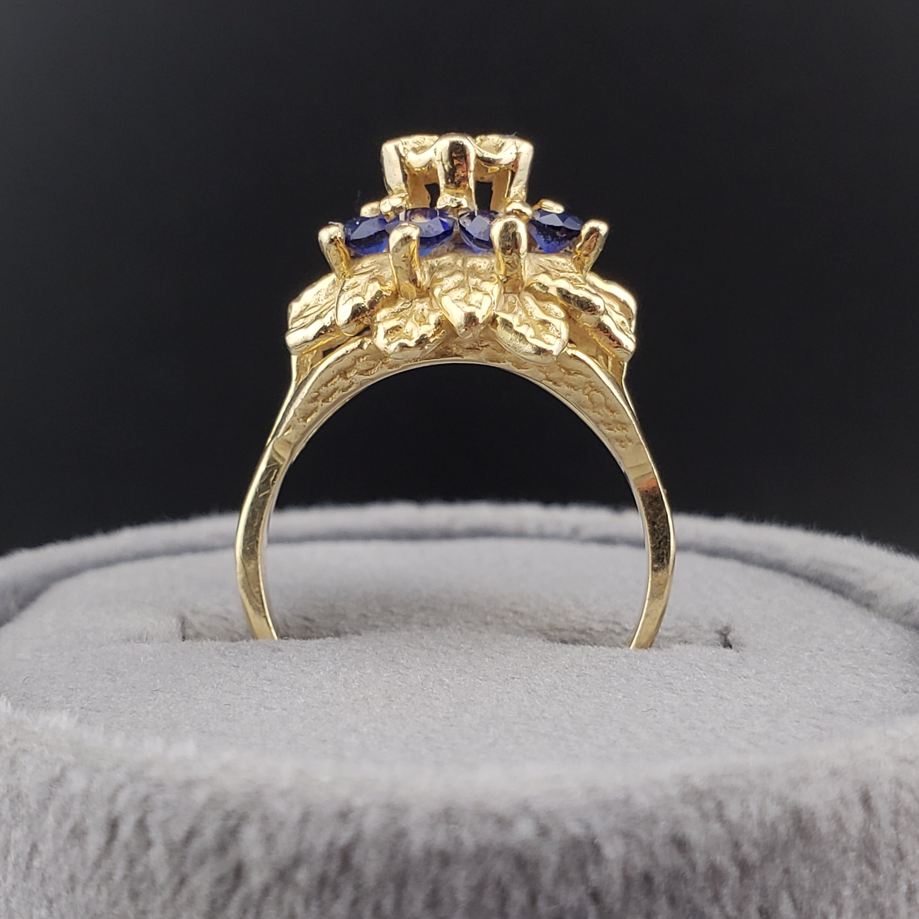 サファイア＆ダイヤモンドリング、ヴィンテージ 14K イエローゴールド