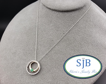 Emerald Pendant, 10k Emerald and Diamond Enhanceable Necklace, 10k White & Yellow Gold Diamond Halo Double Slide Pendant with Chain, #P1637