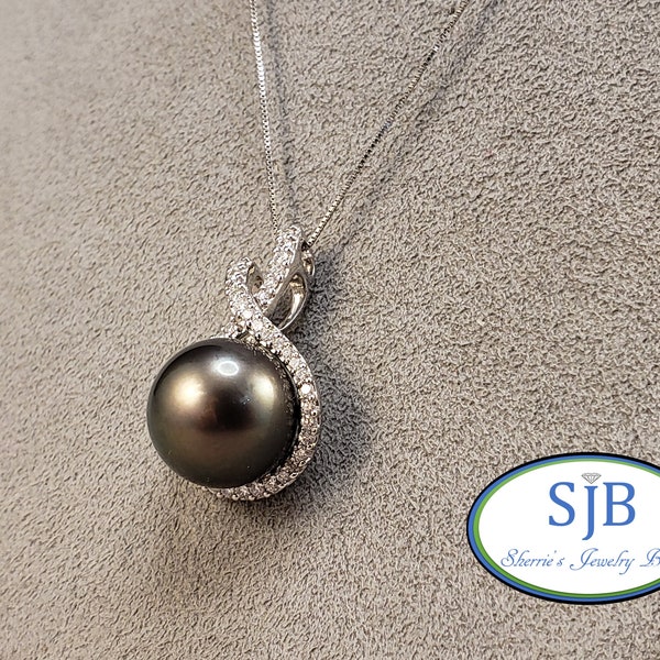 Tahitian Pearl Pendants, 18k Tahitian Pearl & Diamond Statement Pendant , 18k White Gold Tahitian Pearl and Diamond Halo Pendant, #P039