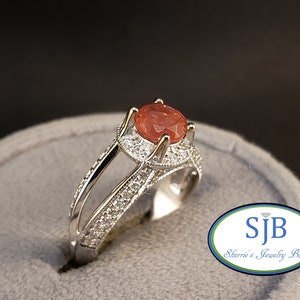 Sunstone Rings, Oregon Sunstone Ring, 14k White Gold Oregon Sunstone & Diamond Halo Ring, Engagement Rings, Oregon Gemstones, Sz 6.75+ #R680