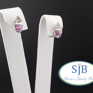 Sapphire Earrings, Pink Sapphire Studs, 14k White Gold Trillion Cut Pink Sapphire & Diamond Stud Earrings, September Birthstones, #E1841