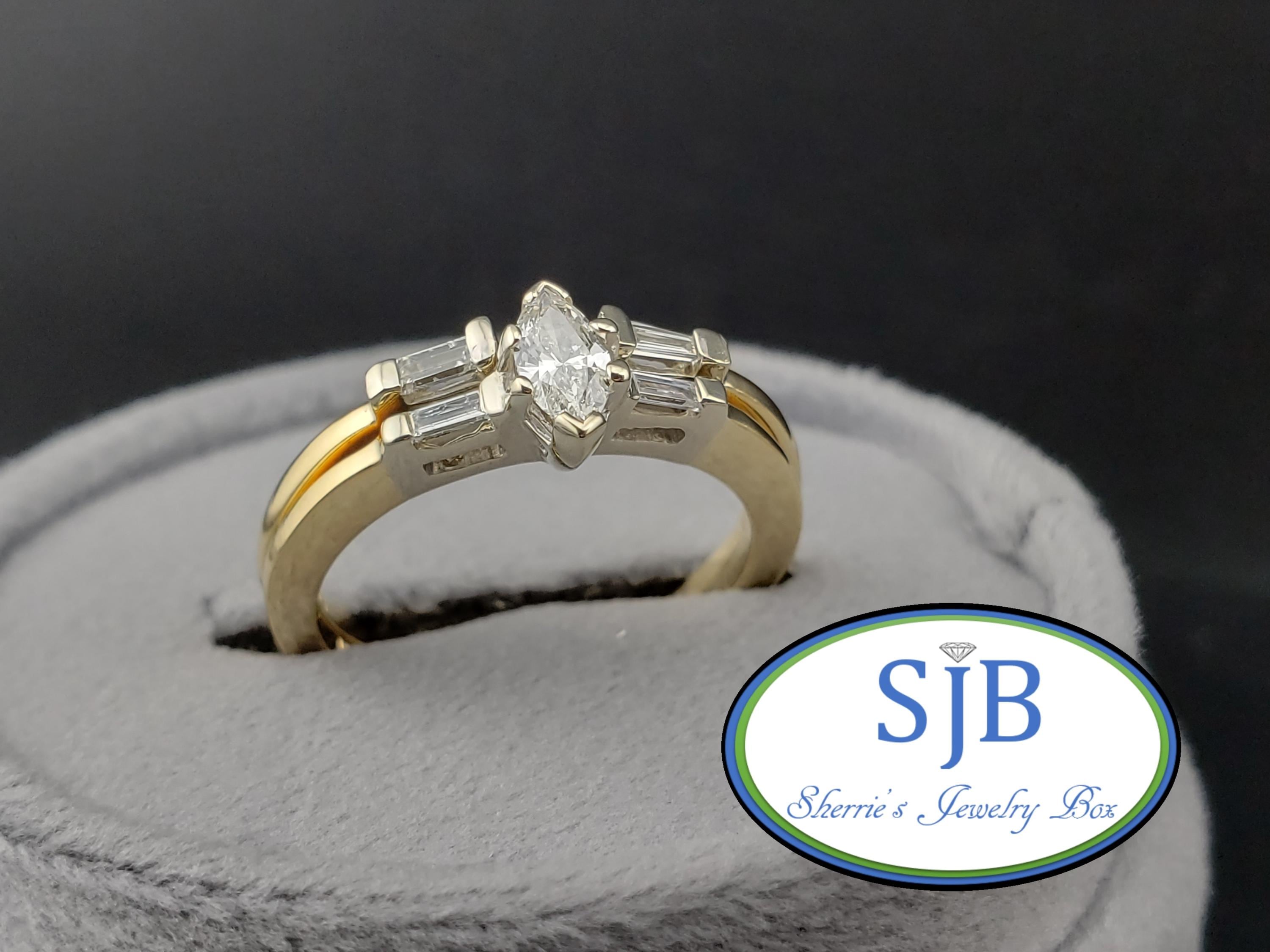 Engagement Rings, Wedding Ring Set, 14k White & Yellow Gold Marquise and Baguette Diamond Engagement Set, Anniversary Rings, Size 7 #WD139
