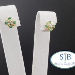 Emerald Earrings, Emerald and Diamond Stud Earrings, 14k Yellow Gold Emerald Earrings, Vintage Style Emerald & Diamond Halo Earrings, #E1251