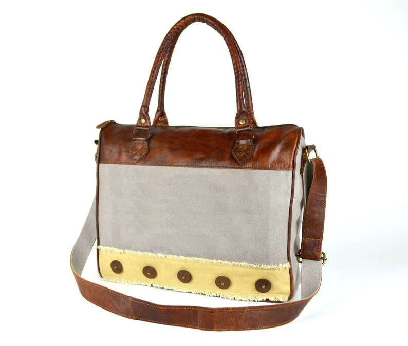Patterned Leather/canvas satchel with wooden button artwork Etsy