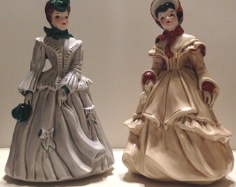 Vintage Florence Ceramics Lady Set, Hand-painted MELANIE and SARAH (1940–1950), Porcelain Girls Collectible Pair