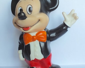 Vintage 1960s Mickey Mouse Vinyl Coin Bank, Collectible Toy, 6.5 Inch