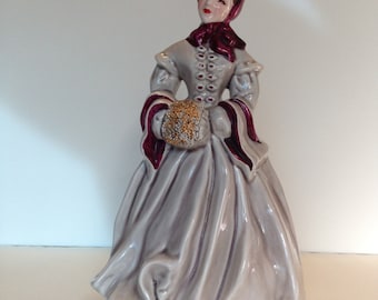 Vintage Florence Ceramics 1950s Dahlia Figurine • Hand Painted Victorian Lady with Muff • Collectible Porcelain