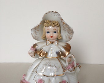 Vintage Lefton Bo Peep Flower Girl Figurine, Hand Painted Ceramic, K1052, Feather Off Hat