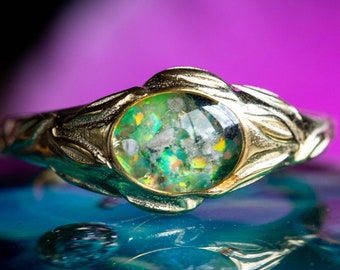 Cremation Ring For Pets with Crushed Opal and Cremation Ash - Gold Leaf