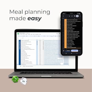 May include: A laptop and smartphone displaying meal planning information. The laptop shows a spreadsheet with seafood recipes, while the phone lists chicken recipes. The text "Meal planning made easy" is at the top. Two dice are at the bottom.