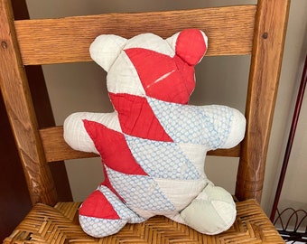 Antique Quilt Teddy Bear in Red Blue and White Colors, Patriotic Stuffed Animal