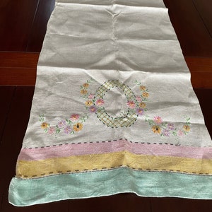 Vintage Table Runner ~ Embroidered Floral Detail in Pastel Colors