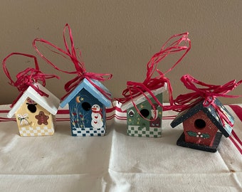 Vintage Christmas Ornaments ~ Painted Wooden Bird Houses ~ Set of 4