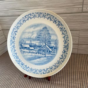Vintage Plate ~ Currier and Ives ~ Winter Scene in Blue and White Colors