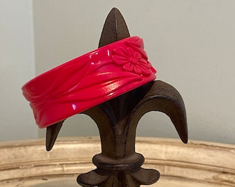 Vintage Bangle Bracelet Marked Marion Godart Paris, Red with Flower Detail