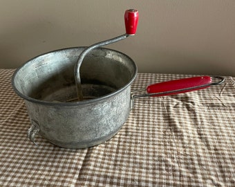 vintage Foley food mill w/ red painted wood handles, hand crank kitchen  strainer