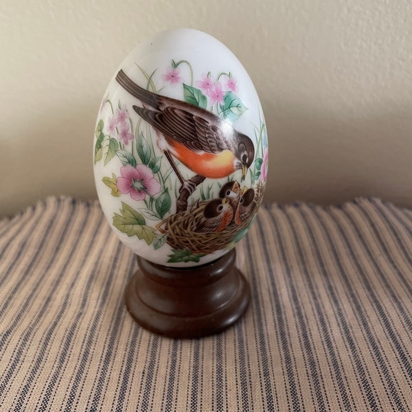 Vintage Ceramic Egg On A Wooden Stand ~ Every Spring Brings A New Beginning by Avon- E. Hoffman