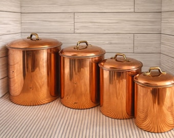Vintage Nesting Canister Set of 4, Copper and Brass, Made in Korea