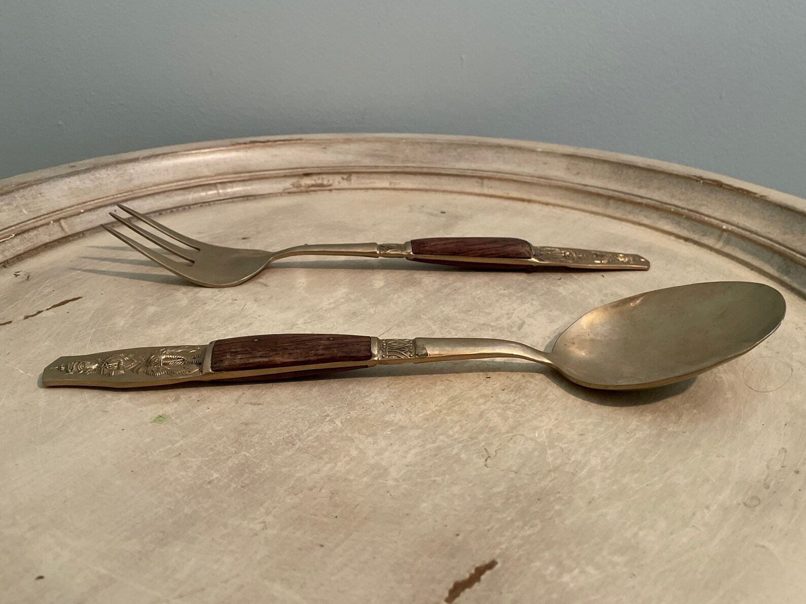 Vintage Serving Spoon and Fork Bronze Nickel Thailand Etsy