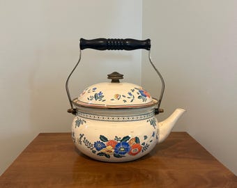 Vintage Tea Kettle, Kamenstein Enamel, 1980's, Floral Detail