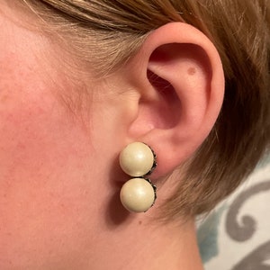 Mid Century Faux Pearl Clip On Earrings ~ White and Silver