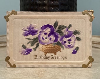Antique Postcard: Birthday Greetings, Purple Embossed Flowers