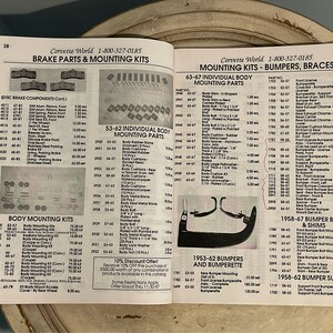 May include: A catalog page with a list of Corvette parts and accessories. The page features a variety of body mounting kits, bumper bolts, and shims. The catalog is organized by year and model. The page also includes a 10% discount offer.