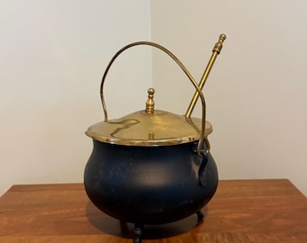 Vintage Black Smudge Pot with Brass Lid and Handle