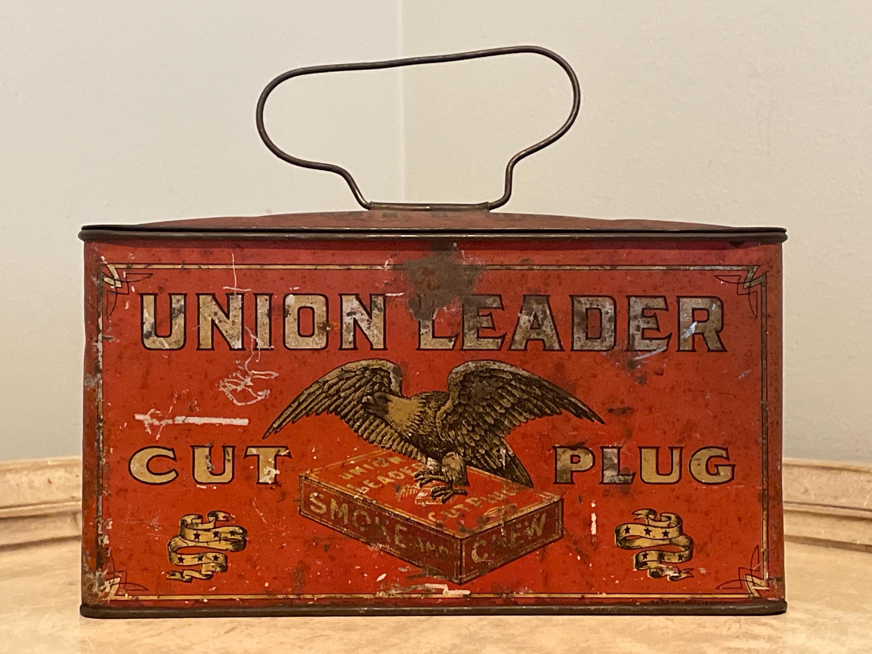 Vintage Union Leader Tobacco Tin, Metal Square Box With Hinged Lid and  Handle, Eagle