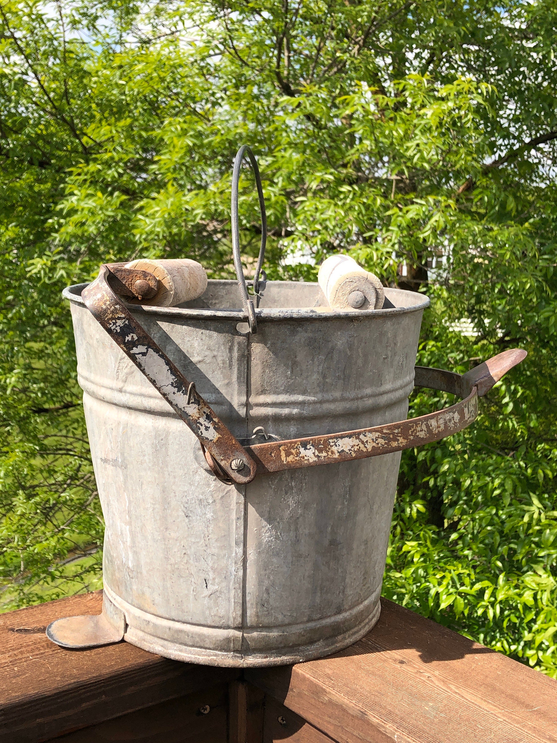 Galvanized Mop Bucket With 2 Wooden Rollers Etsy