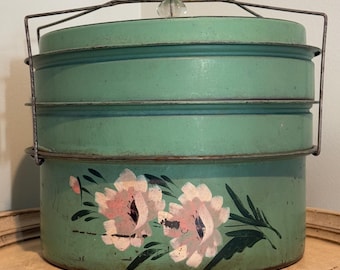 Vintage Metal Dessert Carrier ~ 5 Piece ~ 3 Tier ~ Green with Floral Motif