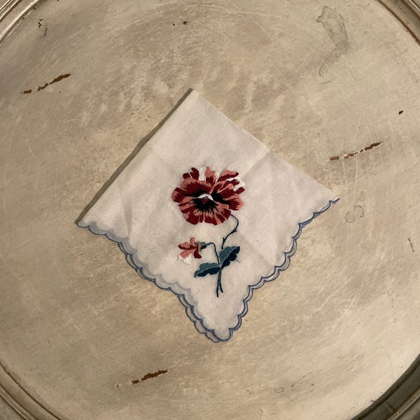 Vintage Handkerchief ~ Embroidered Floral Detail